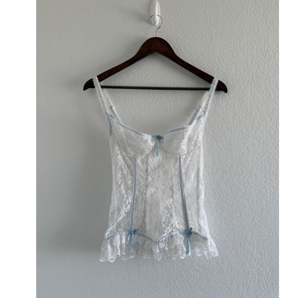 Jezebel Coquette Bustier White Blue Lace Ruffle Underwire Corset Top